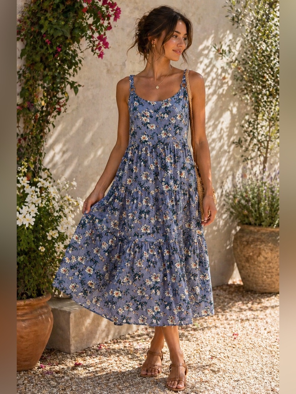 Blue Floral Tiered Midi Dress Boho Cottagecore Adjustable Strap Medium